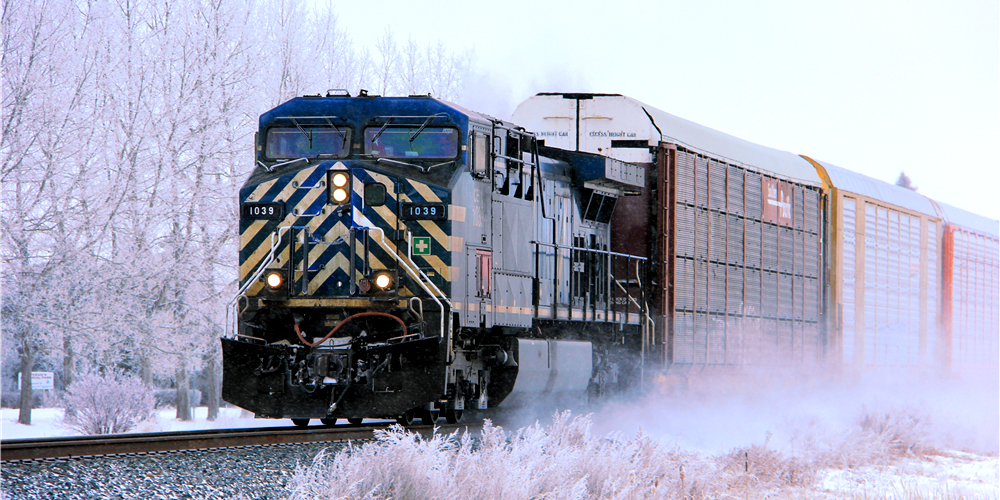 cargo train passing through snowy weather