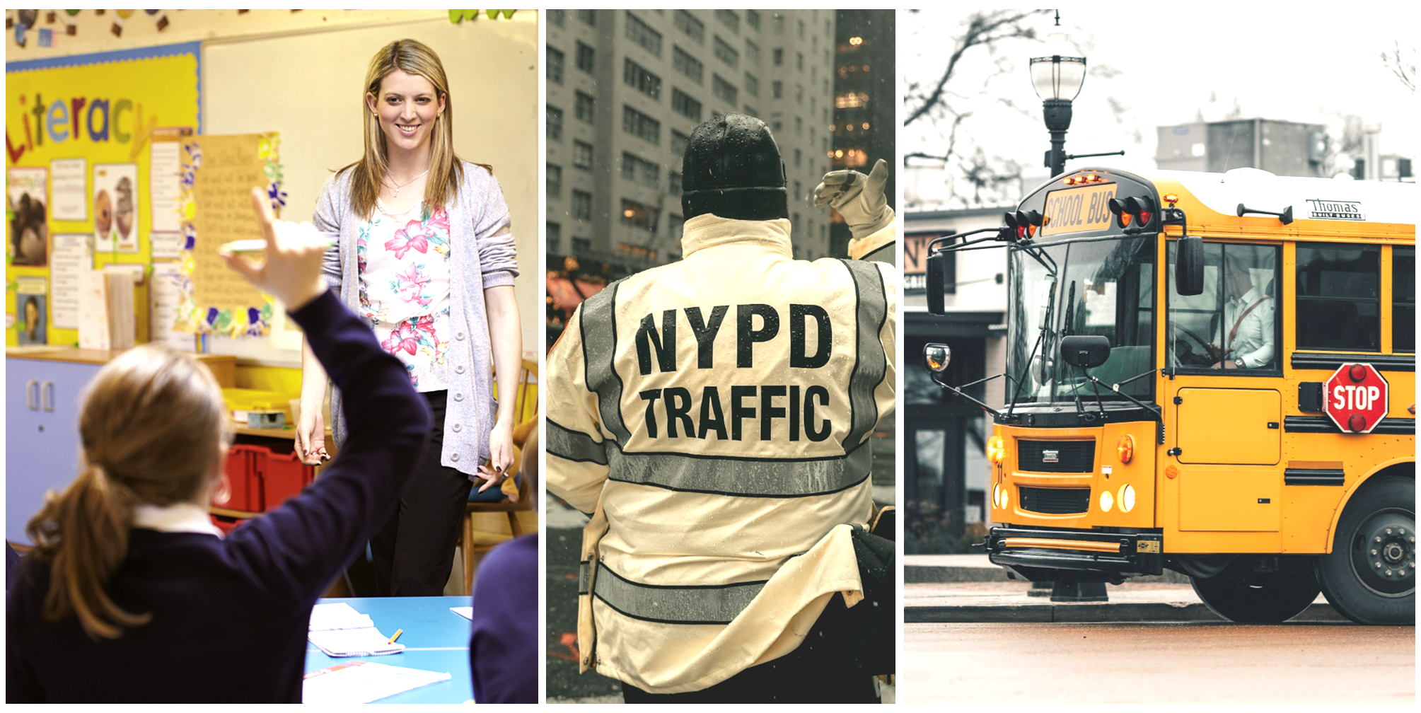 three public service employees: teacher, police officer, and school bus driver